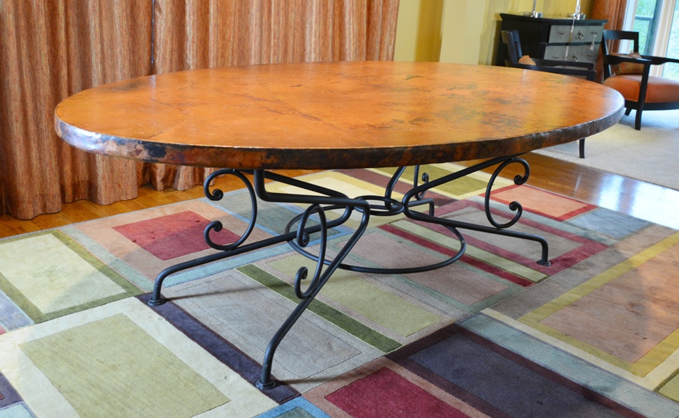 Arhaus Copper Arabesque Dining Table and Eight Leather Chairs EBTH